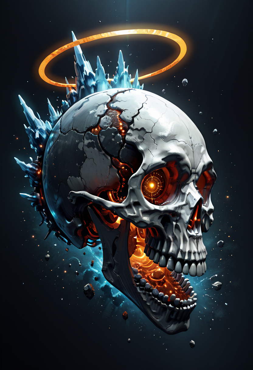 masterpiece, best quality, no humans,   ,<lora:SkullWorld_IXL:0.7>,  zzSkullWorld, a massive skull-shaped structure floating in the vastness of space, encircled by a series of intricate, glowing rings. These rings are not just simple ice and rock formations but are composed of swirling cosmic debris, fragments of shattered planets, and pieces of ancient technology, all held together by invisible gravitational forces. The rings shine with an eerie, metallic glow, each one layered with shifting colors â from fiery red to deep violet, with flashes of electric blue that pulse intermittently, as if alive. Some parts of the rings emit faint, neon-like trails of light as they spin, leaving a streak of glowing particles in their wake. The skullâs dark eye sockets glimmer ominously in the center, while countless sleek spaceships dart towards it, their engines leaving streaks of white light against the blackness of space. The ships are drawn towards the skull, as if the gravitational pull of the rings and the strange energy of the skull itself are irresistible forces. The rings create an impenetrable barrier, forming an almost perfect halo around the colossal structure, with larger sections of debris occasionally breaking free, drifting off into the void, and adding to the skullâs growing gravitational influence.