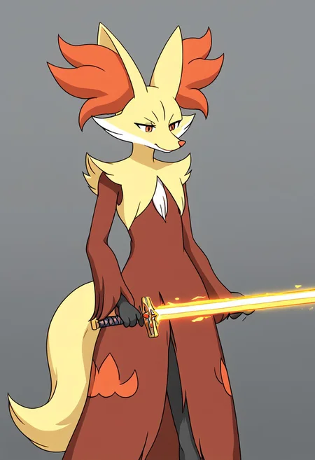 1boy Delphox Holding Plasma Sword, yellow Plasma Sword