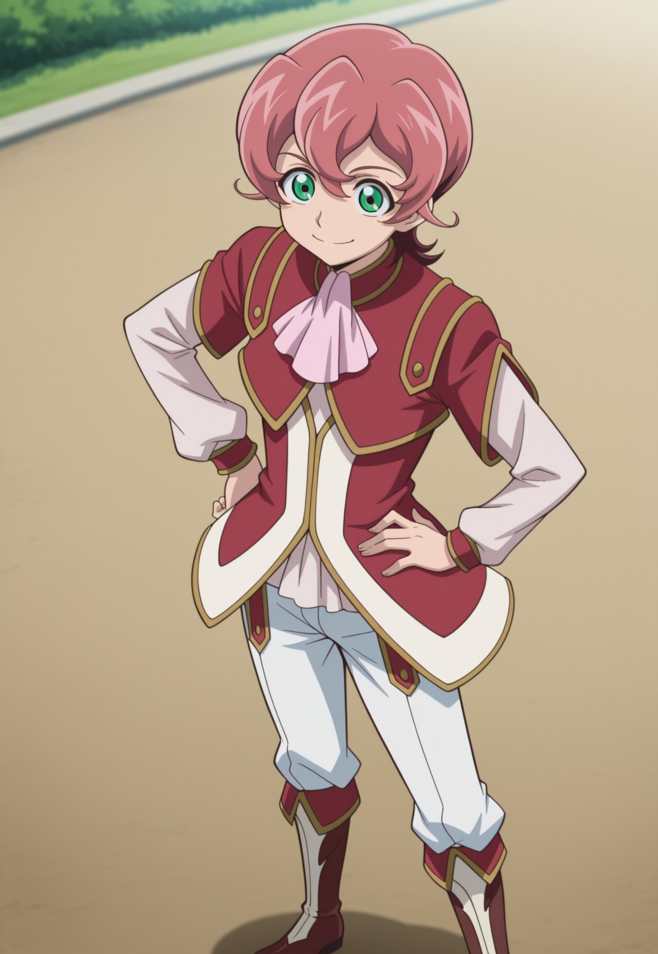 masterpiece,best quality,amazing quality, source_anime, 

MichArclight, 1boy, male focus, solo, green eyes, pink hair, ascot, pink ascot, shirt, pink shirt, jacket, red jacket, short over long sleeves, pants, white pants, boots, brown footwear, hand on hip, outdoor, smile,