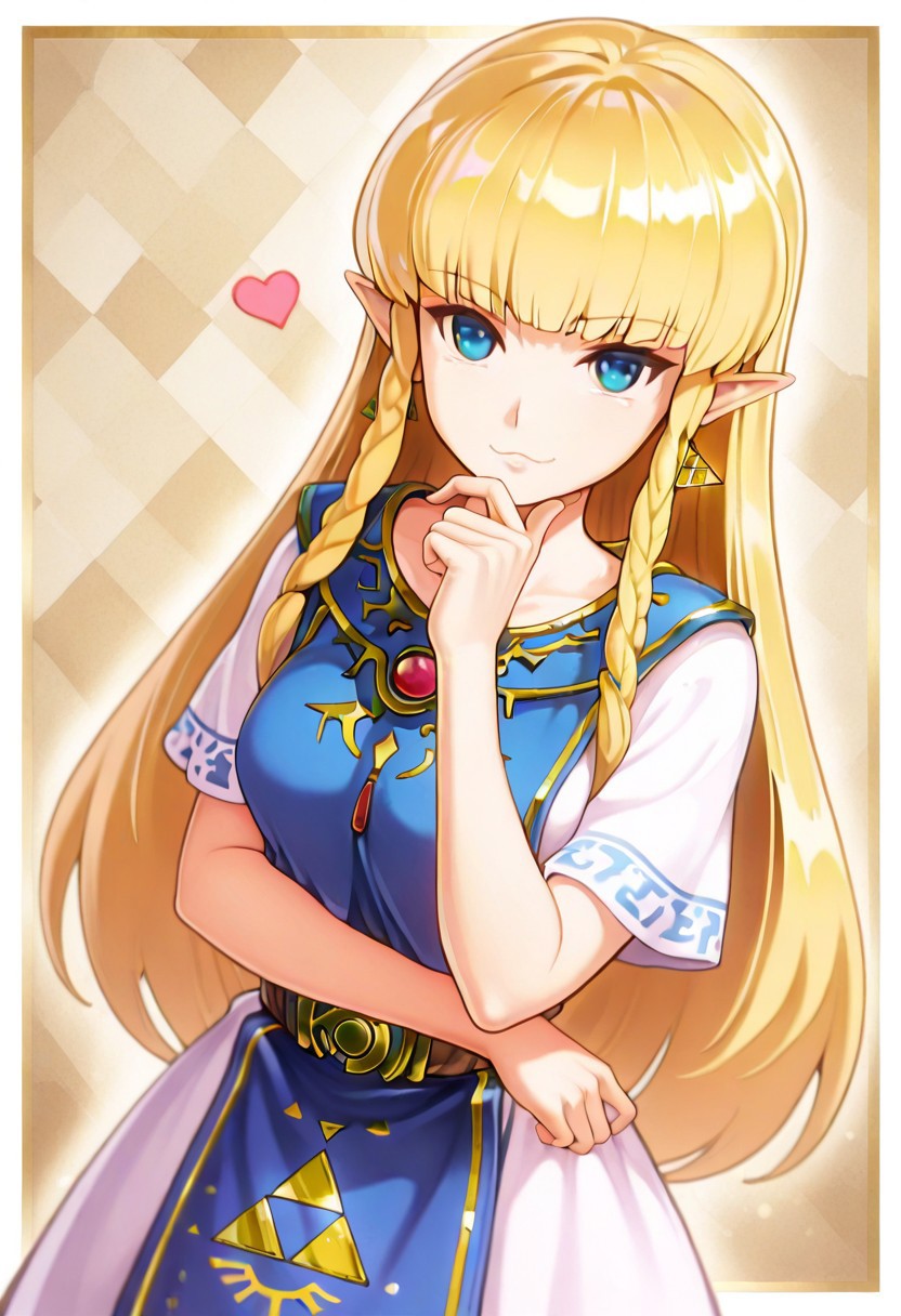 masterpiece, best quality, amazing quality, very aesthetic, 1girl, furukawayui, blonde hair, long hair, twin braids, pointy ears, dress, blue tabard, triforce, earrings, medium breasts, 
dynamic angle, from hip, 
1girl, hand on chin, confident expression, standing pose, romantic heart-themed background, looking at viewer