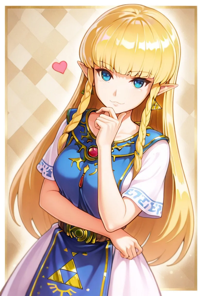 masterpiece, best quality, amazing quality, very aesthetic, 1girl, furukawayui, blonde hair, long hair, twin braids, pointy ears, dress, blue tabard, triforce, earrings, medium breasts, 
dynamic angle, from hip, 
1girl, hand on chin, confident expression, standing pose, romantic heart-themed background, looking at viewer
