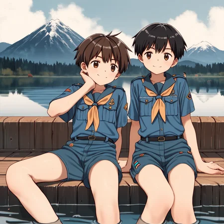 score_9, score_8_up, score_7_up, score_6_up, source_anime, outdoors, mountain, lake, 2boys, smile, brown hair, black hair, brown eyes, scout uniform, neckerchief, blue shirt, blue shorts, sitting side-by-side on a wooden dock, soaking feet <lora:boys_factoryXL_AMXL_v3b:0.5> <lora:modokie-amxl-v1-ShoAI:0.8>