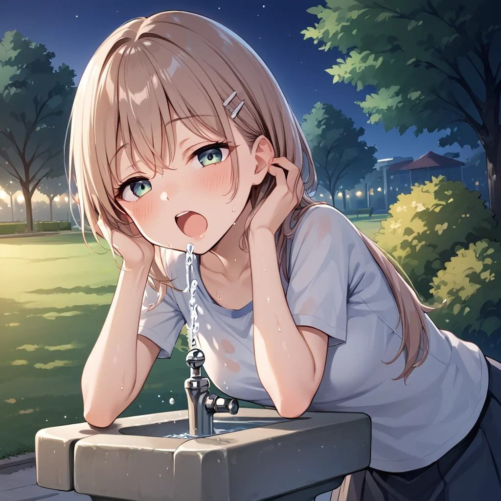 score 9,score_8_up,score_7_up,park,1girl,woman 
 <lora:drinking_fountain:0.8> drinking_fountain ,drink_water,  open mouth, faucet,
BREAK outdoors, park, night time, sweaty, zPDXL,