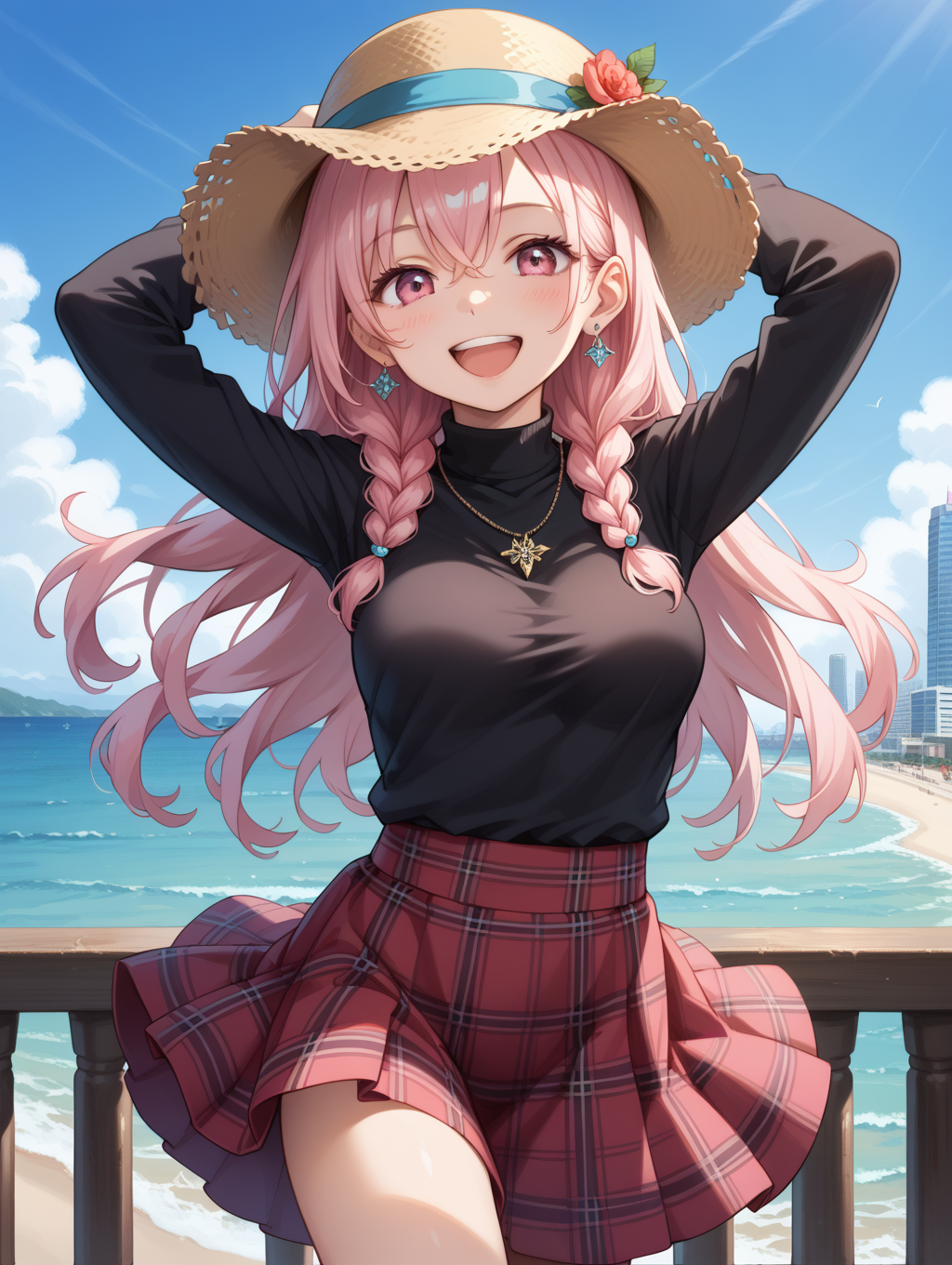 score_9, score_8_up, score_7_up,
masterpiece, best quality,
1girl, solo, black theme, fit body, tight long sleeve and turtleneck (black sweater), black and red theme, (red) high-waisted ((maxi length skirt, very long A line skirt) with [plaid pattern]:1.4), (black) bucket hat with wide brim, (earrings, necklace), happy smile, laugh, open mouth, elegant pose, cowboy shot, looking at viewer, bay, sea, harbor, bay side, cityscape in tokyo, buildings, day, blue sky, panorama view, outdoor, day, depth of field, ultra detailed background, very wide, panorama view, sense of depth, magnificent view, medium breasts, pink hair, pink eyes, crochet braids, hair between eyes