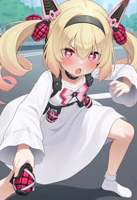 ikinone_tomeru, blonde hair, twintails, hairband, multicolored hair, black hairband, hair ribbon, pink eyes, long hair, gradient hair, headgear, hair between eyes ,drill hair, mechanical ears, white square pupils,
choker, white dress,ong sleeves, grenade, bow, ribbon, official alternate costume, white socks, no shoes,
holding pink weapon,
<lora:ikinone_tomeru_Illustrious-XL_2.0_v1:1>,, IllusP0s,masterpiece, best quality, amazing quality, very aesthetic, absurdres, newest
solo,1girl,, standing, (dynamic pose,fighting stance), open mouth, blush, v-shaped eyebrows,
looking at viewer,(upper body, close-up),
(outdoors, )