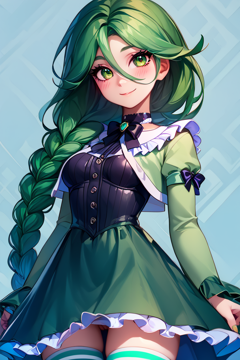 score_9, score_8_up, score_8, medium breasts, (curvy), cute, eyelashes,       BREAK, , <lora:CherylPokemonPDXL-000009:0.8>, zzCheryl, green eyes, single braid, hair over shoulder, green jacket, long dress,, BREAK, closed mouth, alternate costume, smile, looking at viewer, blush,  zzLFashion, frilled dress, frills, bow, dress, striped thighhighs, sweetL, cowboy shot,  embedding:zPDXL, Expressiveh,  <lora:Vivid:0.7>,  <lora:LFashionPDXL:1>,  <lora:Uncensored_PonyXL_cpt_v02.09:0.4>,  <lora:Expressive_H-000001:0.4>,