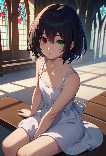 score_9, score_8_up, score_7_up, 1girl, mskr, black hair, short hair, red eyes, heterochromia, green eyes, sundress, church, sitting, looking at viewer, <lora:Misaki Mei 6-000007:1>
