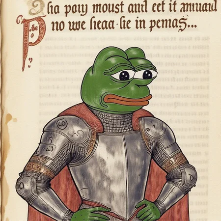 Illuminated manuscript illustration of Pepe wearing a suit of medieval armor with sad expression