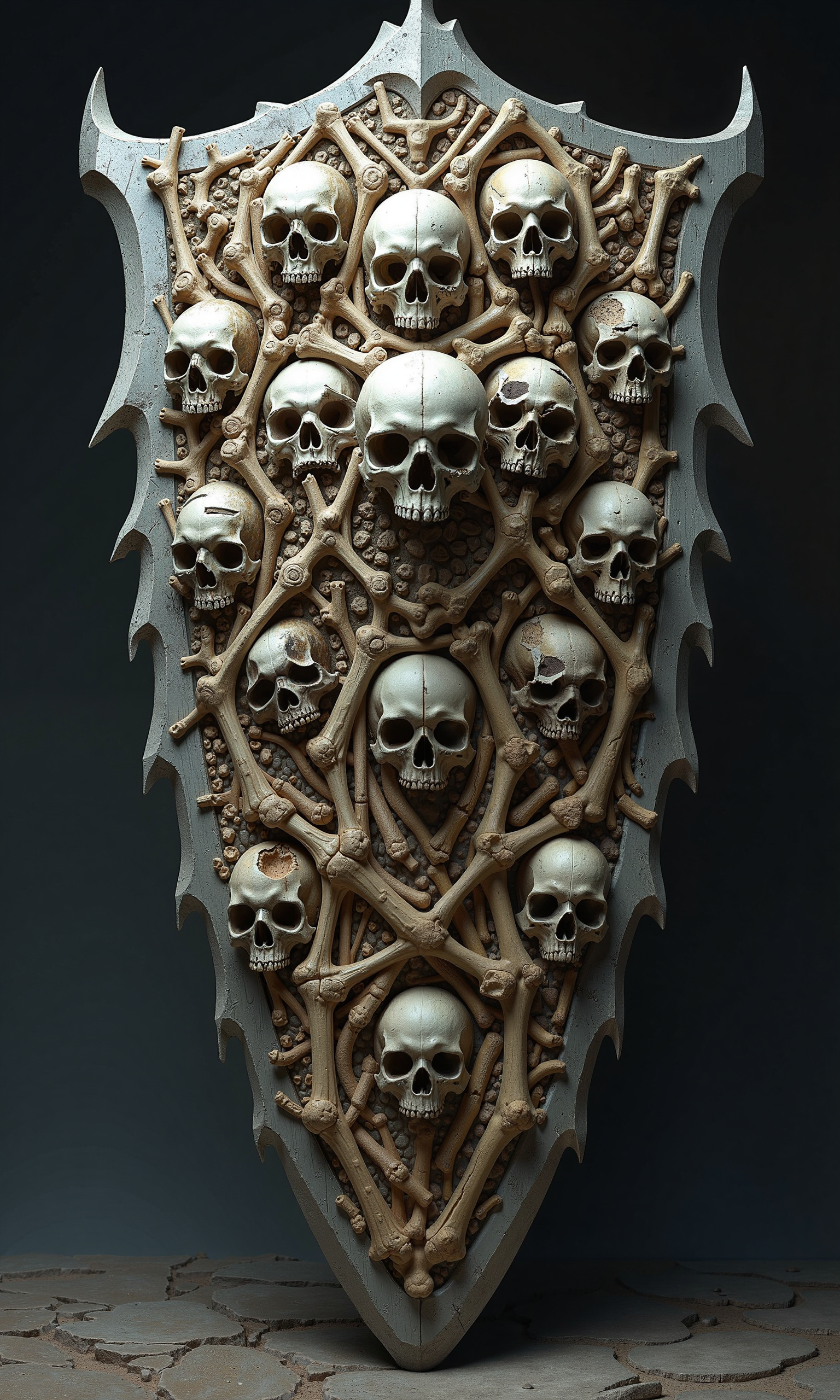 In a grim dark fantasy setting, a massive tower shield looms with a macabre designâconstructed entirely from interlocked bones and fused skulls. Its surface is a chaotic mosaic of rib bones, femurs, and spine segments, all meticulously arranged to form a towering wall of death. Several skulls are embedded across the shieldâs face, some with broken jaws or cracked foreheads, their hollow eye sockets seeming to watch from the grave. The edges are reinforced with jagged fragments of bone, adding both menace and structural strength. The entire shield emanates a chilling aura, as if haunted by the souls of the fallen whose remains now serve as grim protection.