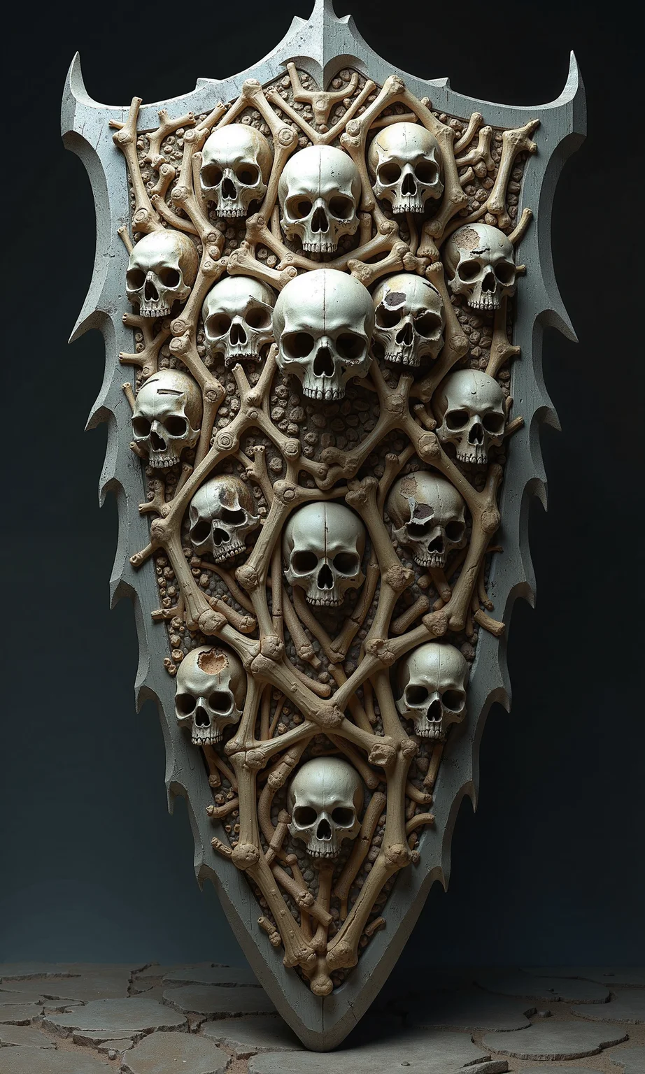 In a grim dark fantasy setting, a massive tower shield looms with a macabre designâconstructed entirely from interlocked bones and fused skulls. Its surface is a chaotic mosaic of rib bones, femurs, and spine segments, all meticulously arranged to form a towering wall of death. Several skulls are embedded across the shieldâs face, some with broken jaws or cracked foreheads, their hollow eye sockets seeming to watch from the grave. The edges are reinforced with jagged fragments of bone, adding both menace and structural strength. The entire shield emanates a chilling aura, as if haunted by the souls of the fallen whose remains now serve as grim protection.