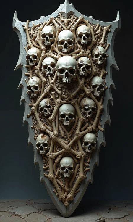 In a grim dark fantasy setting, a massive tower shield looms with a macabre designâconstructed entirely from interlocked bones and fused skulls. Its surface is a chaotic mosaic of rib bones, femurs, and spine segments, all meticulously arranged to form a towering wall of death. Several skulls are embedded across the shieldâs face, some with broken jaws or cracked foreheads, their hollow eye sockets seeming to watch from the grave. The edges are reinforced with jagged fragments of bone, adding both menace and structural strength. The entire shield emanates a chilling aura, as if haunted by the souls of the fallen whose remains now serve as grim protection.