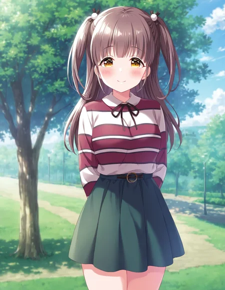 1girl, solo, cowboy shot, suzumura yu, idoly pride, casual, dress, standing, arms behind back, looking at viewer, smile, blush, outdoors, park, day, BREAK, <lora:iYu:0.72>,
very aesthetic, high definition, amazing quality, masterpiece, best quality, highres, absurdres, sensitive, newest, anime screenshot, screencap