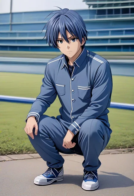high resolution, solo, best quality, 1Boy, Tomoya Okazaki, Grey Blue Hair, lofi, candid, squat, depth of field, photo model, looking at viewer, OverallDetail