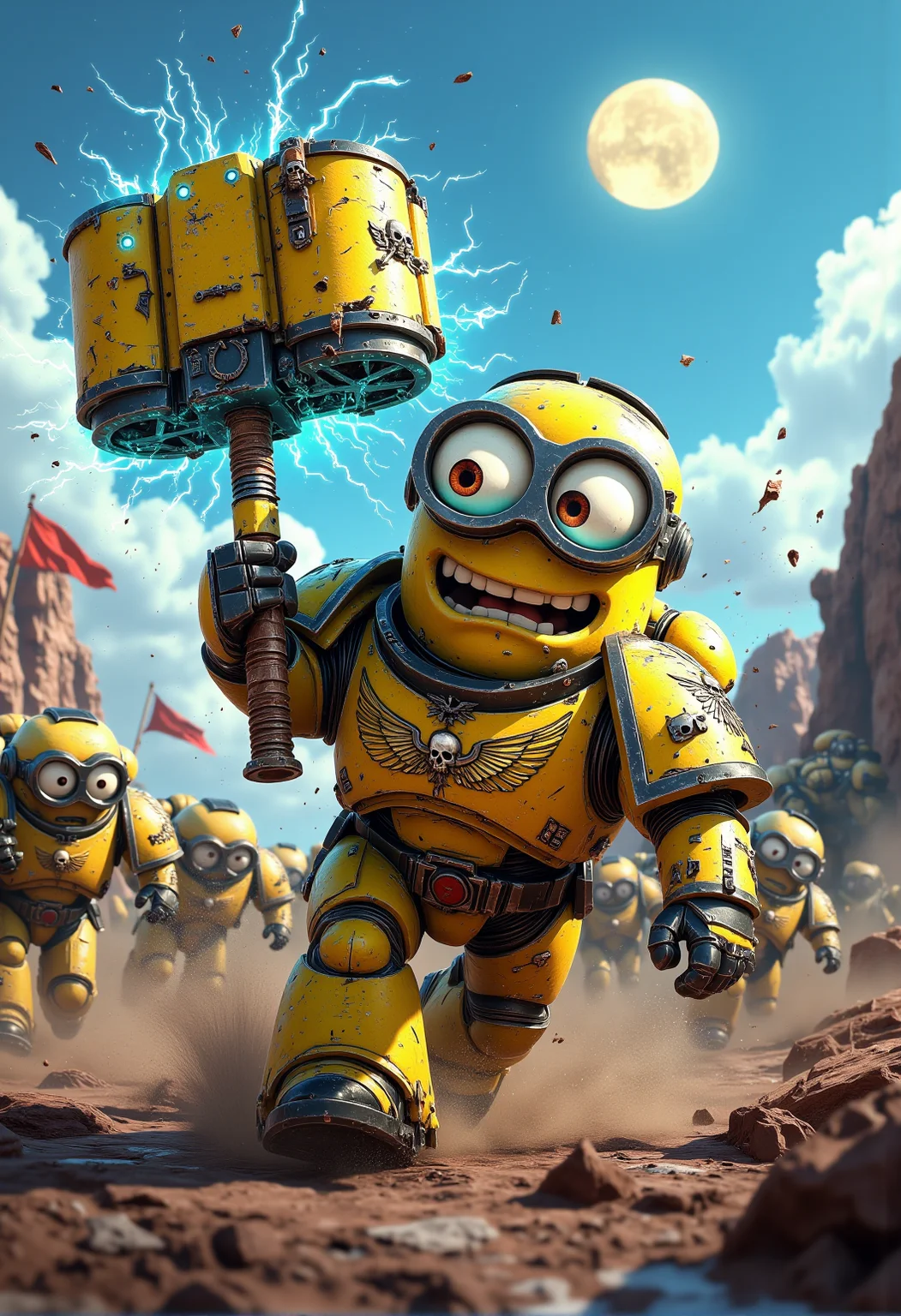 space marine. A fierce but tiny Minion dressed in battle-worn Space Marine armor, chipped but proudly showing Minion insignia and banana-themed purity seals. The Minion is without a helmet (no helmet:2.0), showcasing their iconic Minion goggles, expressive eyes, and wide smile. The Minion is wielding a power hammer humorously shaped like a giant banana, crackling with blue energy. The Minion is depicted in a scene such as: charging across a battlefield, goggles gleaming in the sun, with other Minions charging alongside in various formations. The Minion's expression is comically angry, furrowed brows and a smirk. The scene should be depicted in a colorful but gritty Warhammer 40k style, with bright yellows and blues to emphasize the Minionsâ classic color scheme. The armor and weapons are detailed with ornate designs, but humor is maintained through Minion-themed accessories and comical touches. Witty details include: a small Minion carrying an oversized banner, visibly struggling to keep it upright. Background elements should resemble classic Warhammer 40k settings but with a humorous Minion twist, such as: a moon in the sky shaped like a banana, casting a surreal but unmistakably funny glow over the battlefield. , <lora:sm2.safetensors:1.0:1.0>