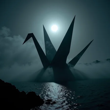 Chiaroscuro Lighting Style, LowKeyLights_v2, On a dim, ominous moonlit night, a gigantic origami crane looms over the nearshore waters of the Scottish Highlands. Partially covered in shadows and shrouded in swirling mist that rises eerily from the sea, the craneâs presence is unsettling, evoking a sense of unease and dread. The faint, dull glow of the moon casts a pale light, subtly outlining the sharp, angular lines of the paper crane, making it appear both ghostly and formidable. The mist wraps around the crane, obscuring parts of its form, as if the creature is emerging from or retreating into the darkness. The scene is heavy with an ominous atmosphere, where the stillness of the night and the hidden details within the fog amplify the terror of the unknown <lora:Chiaroscuro Lighting Style v1:1> <lora:low-key_lights_v2:0.3>