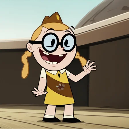score_9, score_8_up, score_7_up BREAK BessieH, 1girl, blonde hair, pigtails, black eyes, round glasses, brown garrison cap with yellow button, brown sash, white-collared yellow dress, short white sleeves, white socks, black shoes, screenshot, official art, parody, cartoon footage, official design, screencap, cartoon screenshot, official screenshot, 2d, cartoon, source_cartoon, solo, solo focus, happy, full body,