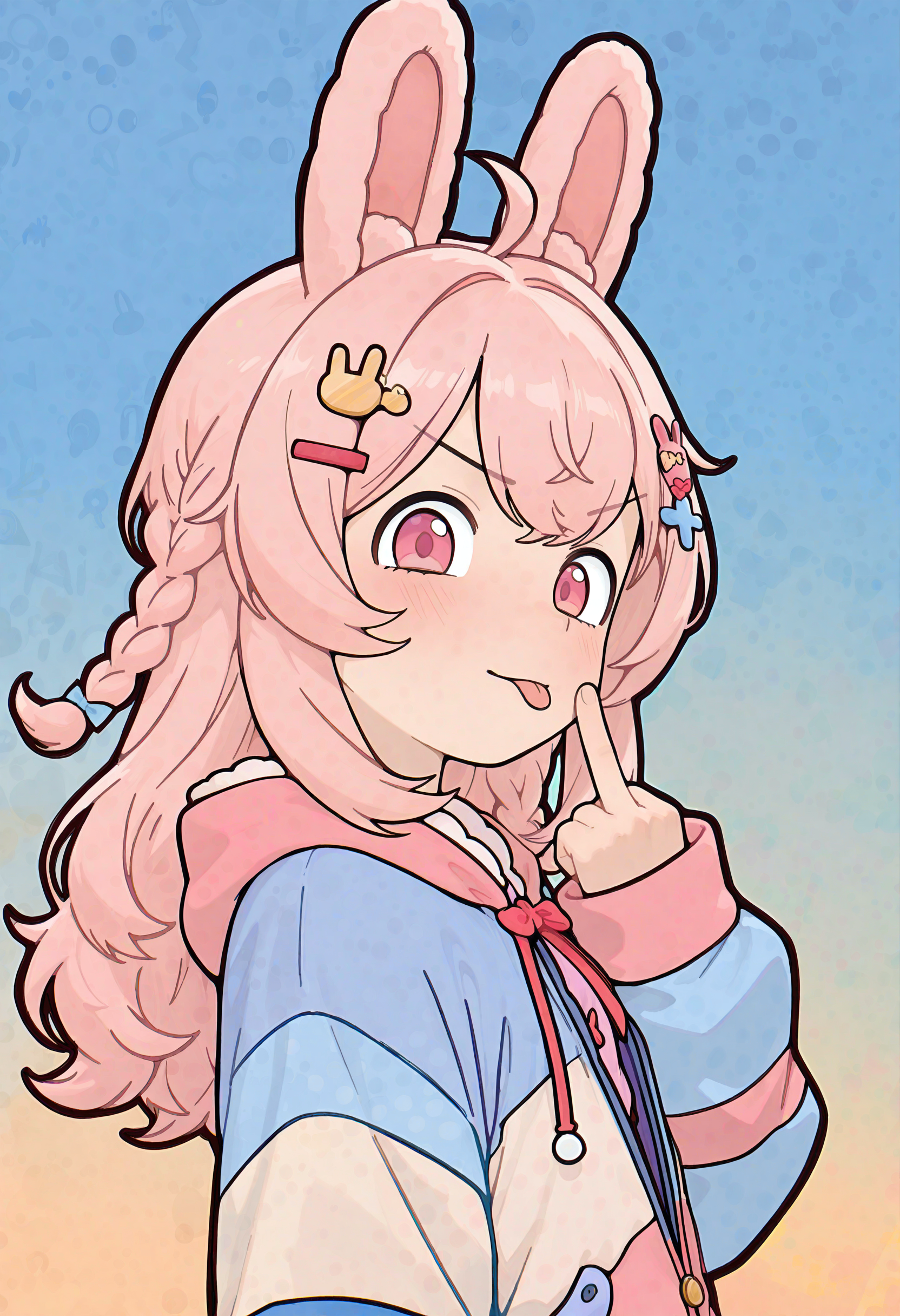 masterpiece, best quality, high quality, detailed, absurdres, uncensored, <lora:casytay:1> casytay,
BREAK 1girl, pipkin pippa, (small breasts:0.4), rabbit girl, rabbit ears, pink hair, twin braids, long hair, multicolored jacket, partially unzipped, sleeves past fingers, hand up, middle finger, looking at viewer, v-shaped eyebrows, :p, from side, upper body