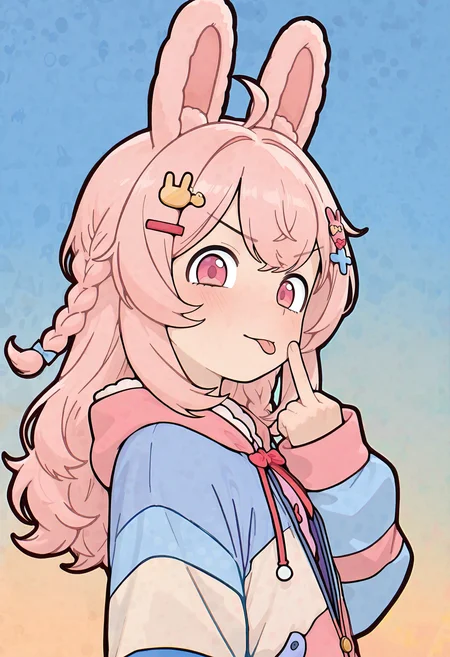 masterpiece, best quality, high quality, detailed, absurdres, uncensored, <lora:casytay:1> casytay,
BREAK 1girl, pipkin pippa, (small breasts:0.4), rabbit girl, rabbit ears, pink hair, twin braids, long hair, multicolored jacket, partially unzipped, sleeves past fingers, hand up, middle finger, looking at viewer, v-shaped eyebrows, :p, from side, upper body