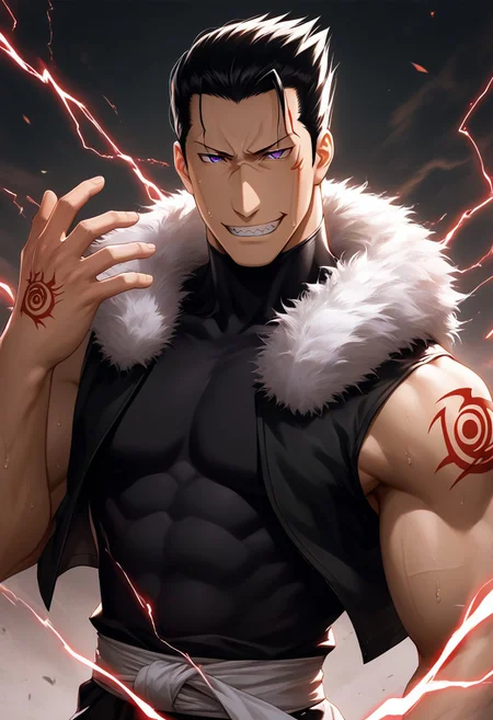 score_9, score_8_up, score_7_up, score_6_up, perfect anatomy, perfect proportions, best quality, masterpiece, high_resolution, high quality, aesthetic, absurdres, (male focus), solo male, source_anime, anime coloring, Greed, GreedFMAPony, black hair, short hair, purple eyes, (sanpaku, small pupils, thin eyebrows:1.5), sleeveless, black turtleneck undershirt, black vest, white fur trim, black pants, adult, mature, masculine, manly, handsome, charming, alluring, standing, portrait, headshot, close-up, from front, dutch angle, dark background, dark atmosphere, look at viewer, (one arm raised over face, show arm), sleeves rolled up, BREAK ouroboros homunculus red hand tattoo \(Fullmetal Alchemist\), glow tattoo, red lightning, red glow, electrokinesis, command spell, perfect lighting, cinematic, dynamic angle, sweat drop, fighting stance, serious, angry, mad, smirk, sharp teeth