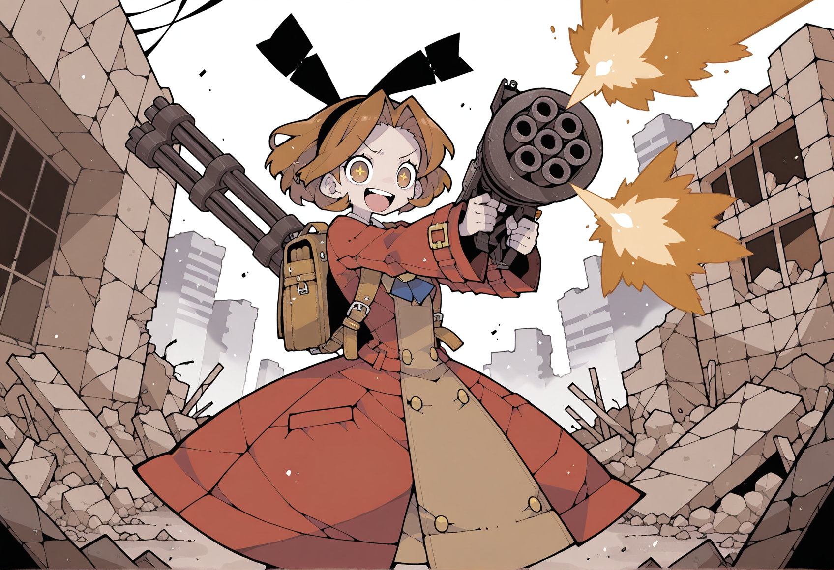 dowman sayman, 1girl, brown hair, brown eyes. short hair, red coat, hairband, solo, backpack, standing, ruins, XD, laughing, holding gatling gun, firing at viewer,   <lora:carol_wild_arms:0.8>, masterpiece, best quality, amazing quality, very aesthetic, absurdres, highres, newest