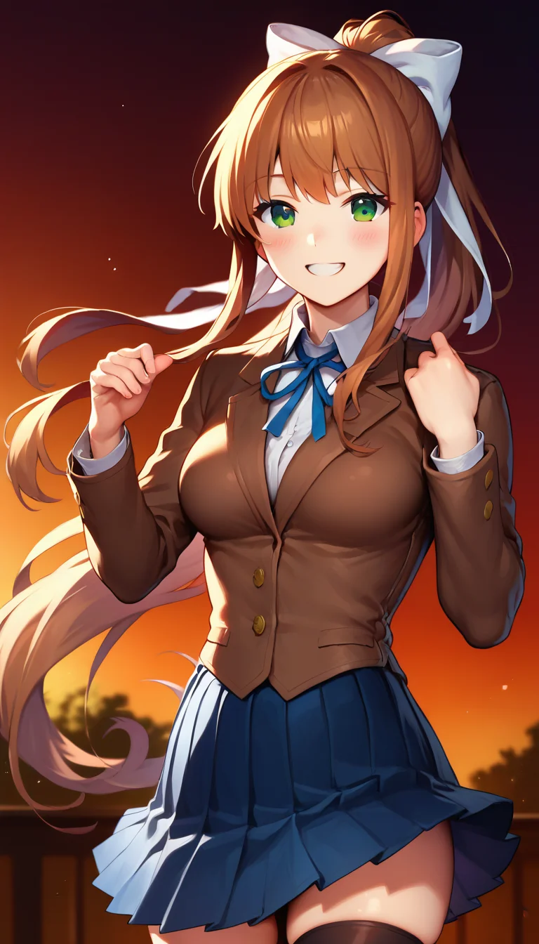 score_9,score_8_up,score_7_up,score_6_up BREAK official art,solo,outdoors,upper body,(portrait:1.5),looking at viewer,facing viewer,smile,blush,Monika,very long hair,brown hair,ponytail,hair bow,white bow,hair ribbon,white ribbon,sidelocks,bangs,green eyes,school uniform,brown jacket,blazer,wing collar,neck ribbon,red ribbon,white shirt,long sleeves,medium breasts,skindentation,blue skirt,pleated skirt,zettai ryouiki,black thighhighs,uwabaki,white footwear,<lora:Monika(ddlc)-Pony:1.8>,