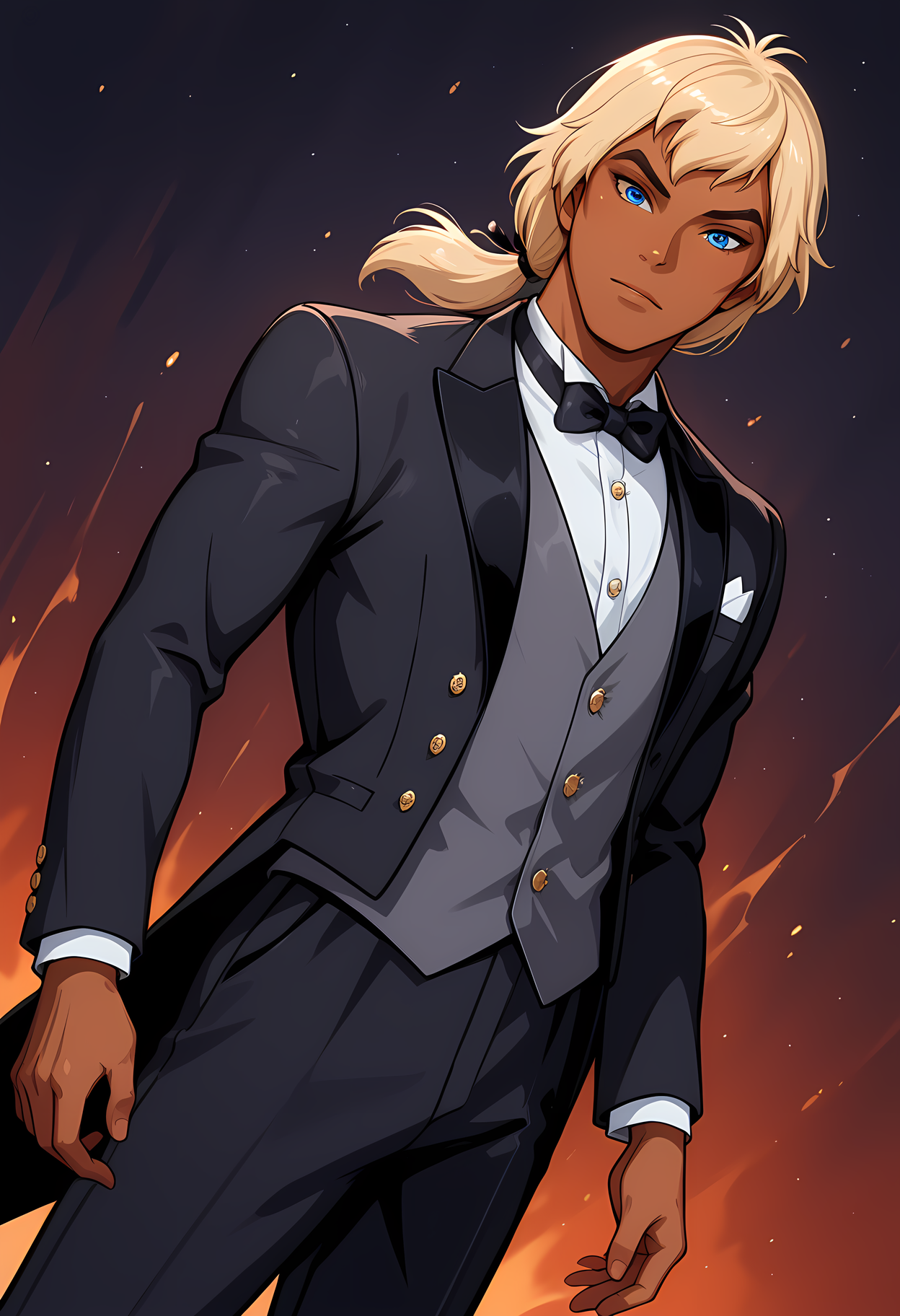 masterpiece, best quality, amazing quality, dutch angle, abstract background, BREAK
solo, male, 1boy, podw_ren, blonde hair, low ponytail, blue eyes, dark skin, tuxedo, black tuxedo, formal, bow tie, BREAK
<lora:cfg_scale_boost:.6>  <lora:Ren_-_Pirates_of_Dark_Water_-_ILXL:1>
