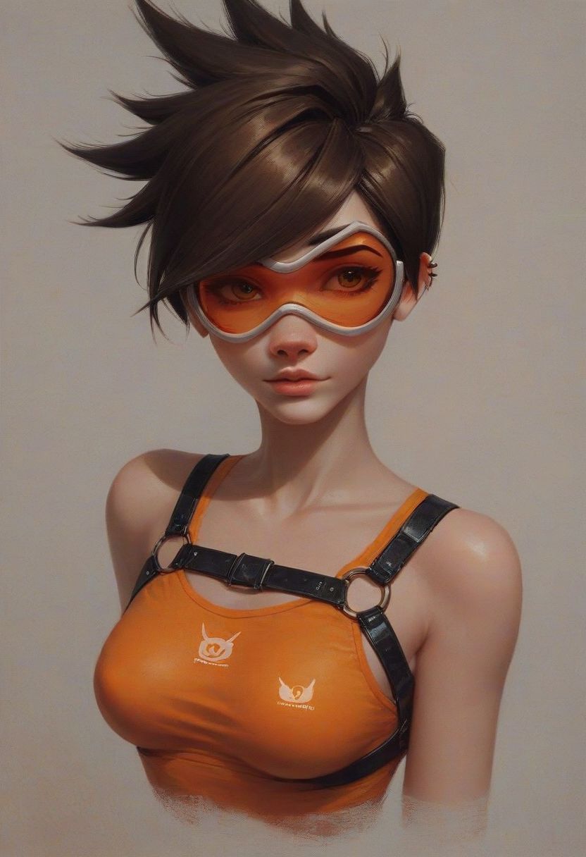 score_9, score_8_up, score_7_up, from front, 1girl, upper body portrait, orange top, leather harness, focus on breasts, face visible,
tracer, (tracer from overwatch:1.0),