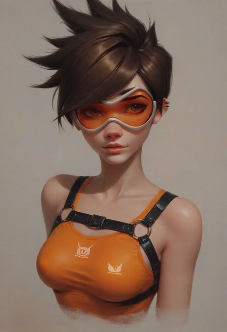 score_9, score_8_up, score_7_up, from front, 1girl, upper body portrait, orange top, leather harness, focus on breasts, face visible,
tracer, (tracer from overwatch:1.0),