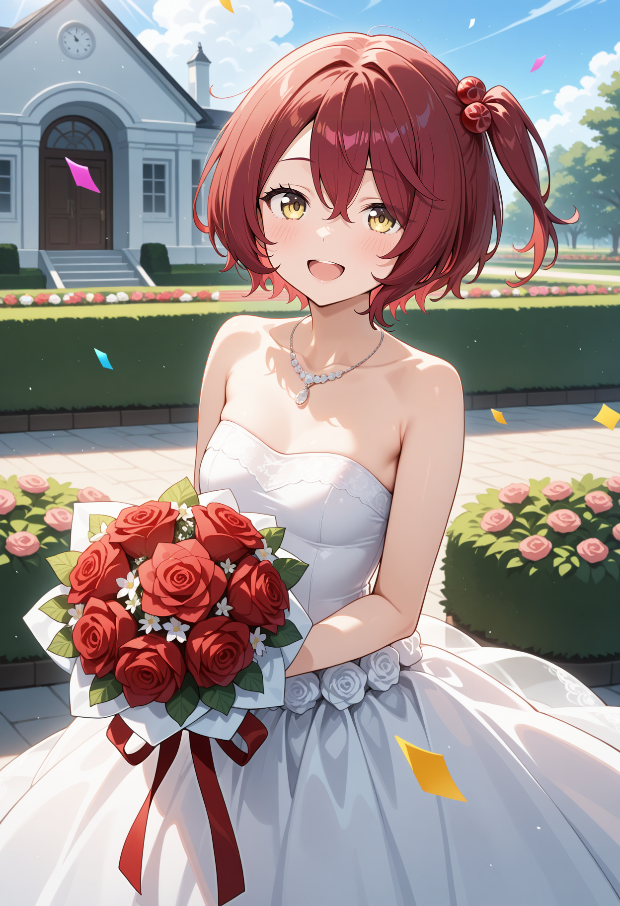 aakomari, short hair, red hair, one side up, hair bobbles, <lora:komari_chika_ilxl_v1:0.9>, solo, garden, wedding dress, strapless, necklace, smile, open mouth, bouquet, day, confetti, cowboy shot, standing,
ultra-detailed, masterpiece, newest, best quality