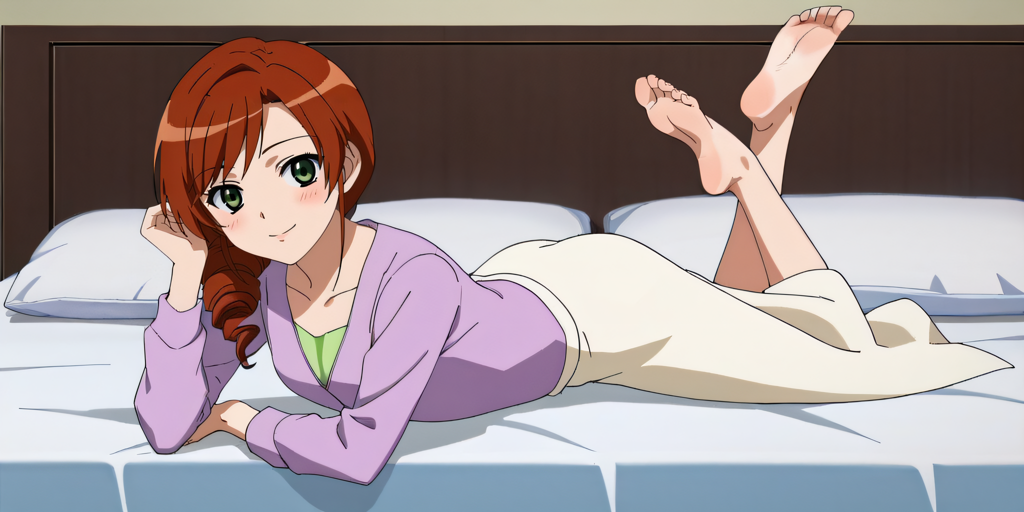 score_9, score_8_up, score_7_up, source_anime, rating_safe, intricate details, anime screencap, official style, anime coloring, solo, 1girl, <lora:Sarah_Damon:1>, sarah, cherry auburn hair, green eyes, drill hair, hair over shoulder, lavender shirt, white skirt, collarbone, long skirt, barefeet, looking at viewer, smile, indoor, lying on bed, blush, full body, on stomach