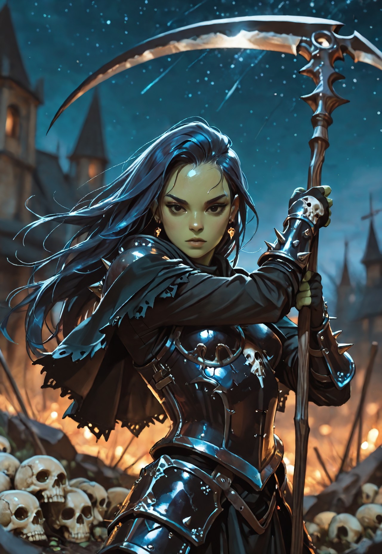 1girl, solo, necromancer, dynamic pose,
gothic armor, skull armor, spiked armor, tattered capelet, 
black eyes, shiny eyes, dark blue hair, long hair, tousled hair, olive skin, 
holding scythe, detailed scythe, two-handed scythe, 
looking at viewer, facing viewer,
cemetary, fantasy, outdoors, night, starry sky, blurry background, 
vambraces, black fingerless gloves, upper body, standing, faulds, 
earring, fighting stance, masterwork, masterpiece, best quality, detailed, depth of field, high detail, best quality, very aesthetic, 8k, dynamic pose, depth of field, dynamic angle