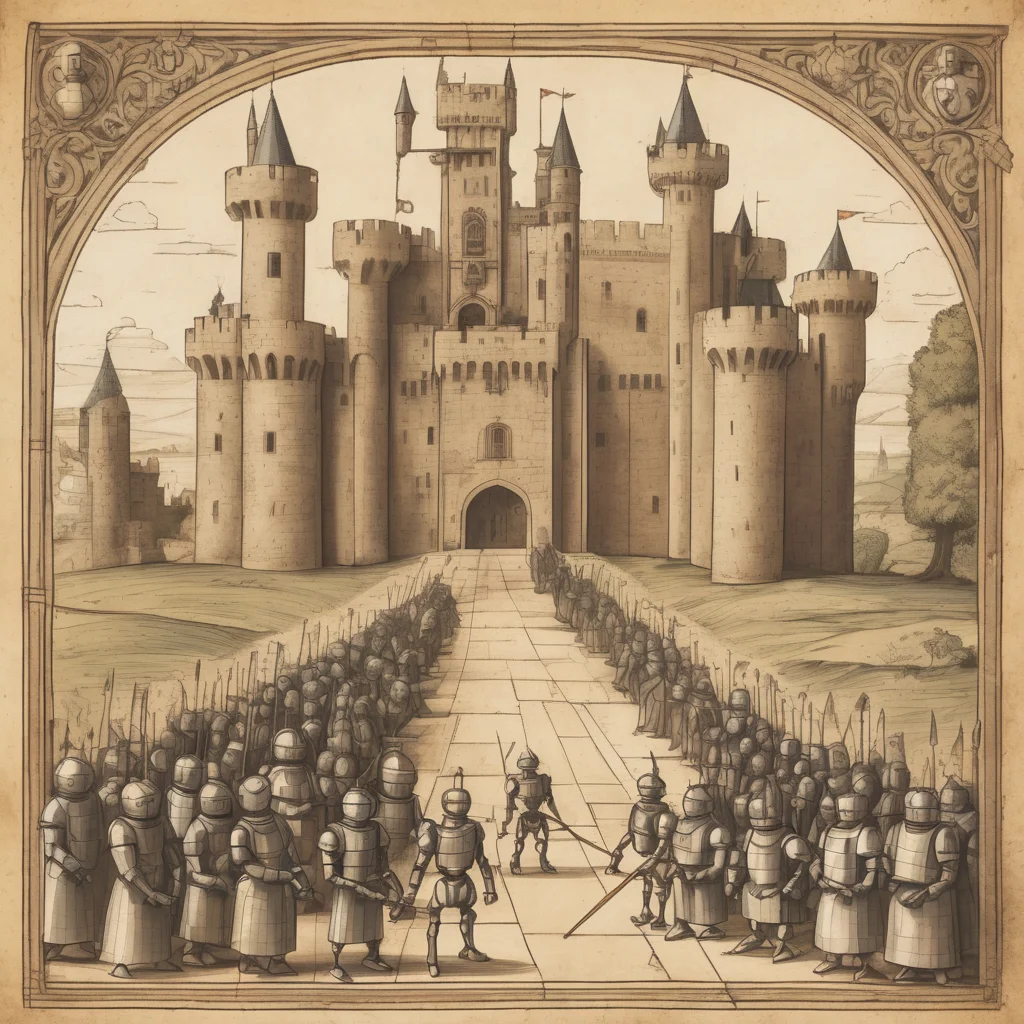 A Renaissance scene, but with robots. They wear armor, hold lances, and duel in front of a castle. Simplistic, geometric representation