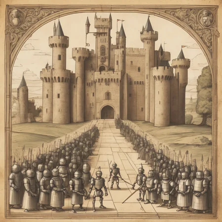 A Renaissance scene, but with robots. They wear armor, hold lances, and duel in front of a castle. Simplistic, geometric representation