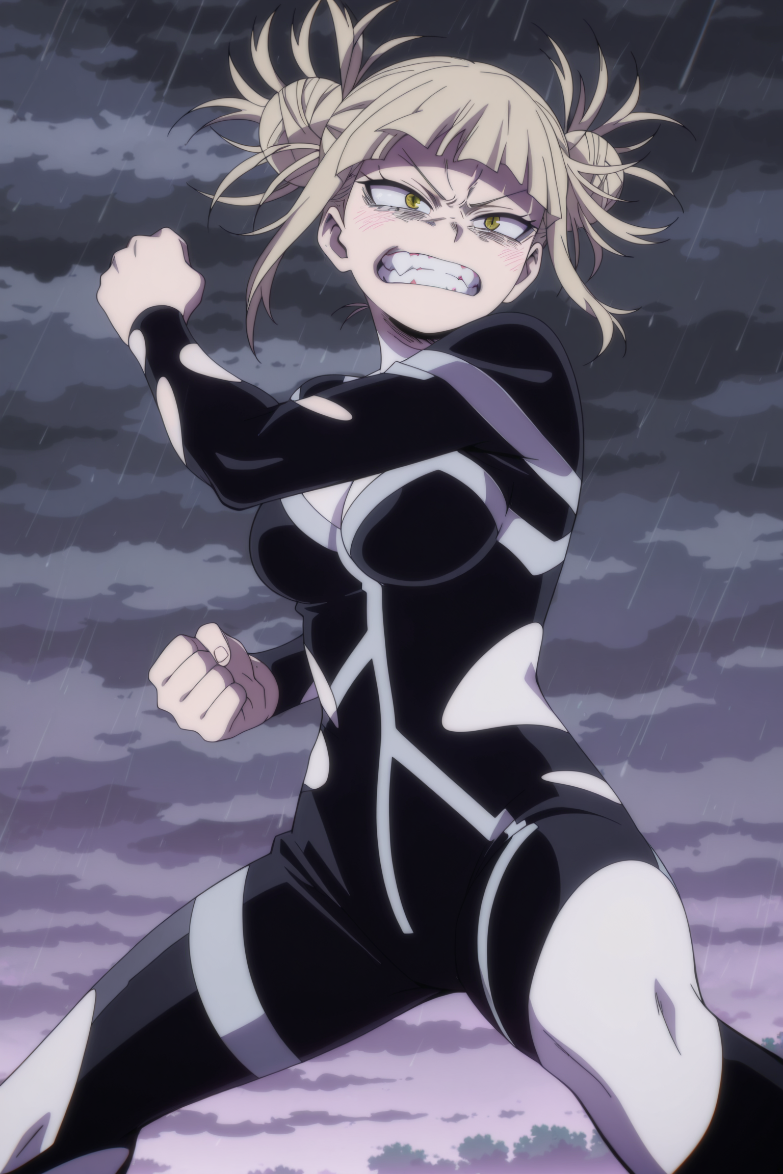 anime screencap, anime coloring, detailed face, masterpiece, best quality, very aesthetic, absurdres, volumetric lighting, official style, amazing quality, ultra detailed, highres, amazing quality, scenery, beautiful detailed hair, beautiful detailed eyes,
<lora:StS-Illustrious-Detail-Slider-v1.0:4>
 <lora:Himiko_Toga_My_Hero_Academia:1>
toga himiko, 1girl, solo, double bun, black and white bodysuit, hair bun, messy hair, blonde hair, yellow eyes, clenched teeth, breasts, cosplay, angry, fighting stance,
cloudy, rain, thunder, epic scenery