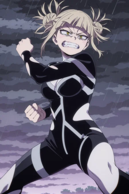 anime screencap, anime coloring, detailed face, masterpiece, best quality, very aesthetic, absurdres, volumetric lighting, official style, amazing quality, ultra detailed, highres, amazing quality, scenery, beautiful detailed hair, beautiful detailed eyes,
<lora:StS-Illustrious-Detail-Slider-v1.0:4>
<lora:Himiko_Toga_My_Hero_Academia:1>
toga himiko, 1girl, solo, double bun, black and white bodysuit, hair bun, messy hair, blonde hair, yellow eyes, clenched teeth, breasts, cosplay, angry, fighting stance,
cloudy, rain, thunder, epic scenery