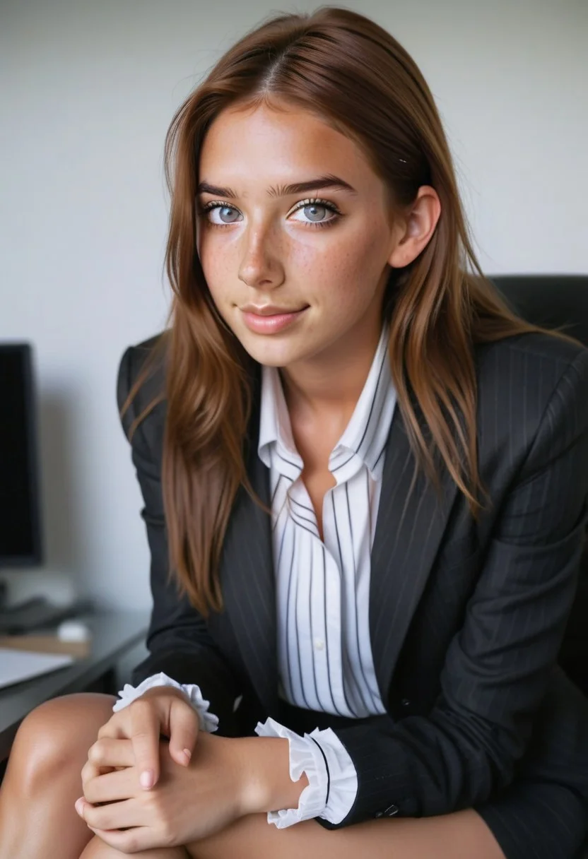 28yo girl Y4SM1N3, (big boobs), long brown hair, freckles, wearing business coat over a white ruffle shirt, black-pencil-skirt, sit and alluring in office