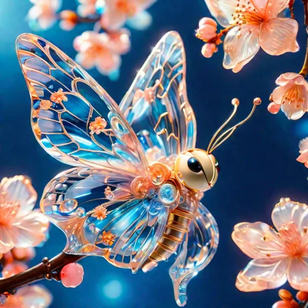 close up shot from the side, 85mm lens, a beautiful intricate mechanical clockwork butterfly, it should have bright beautiful vibrant colors, it is standing on a branch of a cherry tree next to it is a blossoming cherry bud. avoid multiple butterfly's, deep blue background <lora:SDXLFaeTastic2400:1> <lora:lora:1>