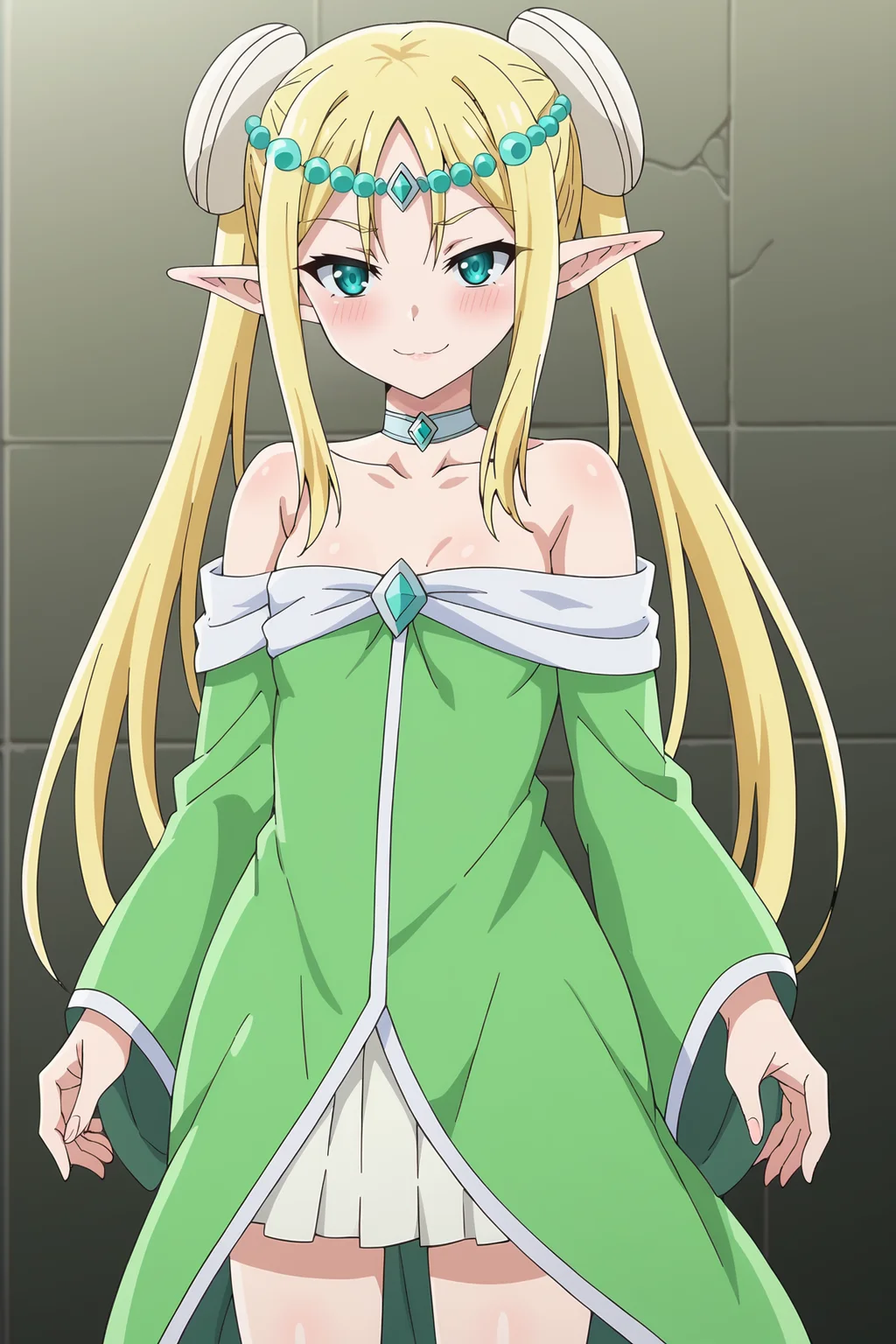 score_9, score_8_up, score_7_up, source anime, prefect lighting, very aesthetic, BREAK, anime coloring, anime screencap,
<lora:vegan_eldriel_v1-pdv6:0.9>, 1girl, vegan eldriel, peter grill to kenja no jikan, aqua eyes, blonde hair, long hair, pointy ears, elf, small breasts,
vegout, twintails, circlet, hair ornament, choker, green dress bare shoulders, collarbone, off shoulder,
BREAK, looking at viewer, light smile, blush,
BREAK,