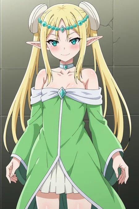 score_9, score_8_up, score_7_up, source anime, prefect lighting, very aesthetic, BREAK, anime coloring, anime screencap,
<lora:vegan_eldriel_v1-pdv6:0.9>, 1girl, vegan eldriel, peter grill to kenja no jikan, aqua eyes, blonde hair, long hair, pointy ears, elf, small breasts,
vegout, twintails, circlet, hair ornament, choker, green dress bare shoulders, collarbone, off shoulder,
BREAK, looking at viewer, light smile, blush,
BREAK,