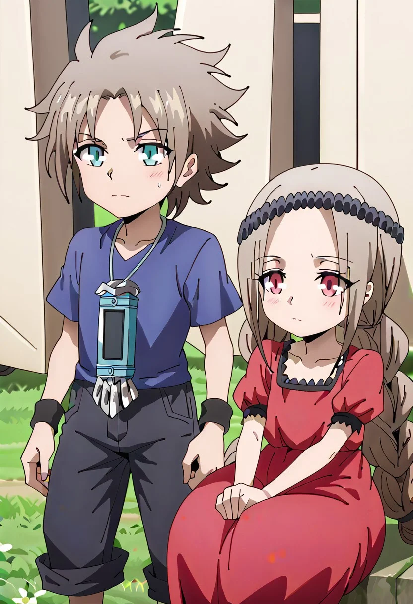 TangiriniStyle,
score_9, score_8_up, score_7_up, duo, 1boy, 1girl, [(character 1(redsebmuntzer, 1boy, male, short spiky light brown hair, light skin, blue eyes, thin eyebrows, sharp chin, lavender v-neck t-shirt, dark gray pants, black wristbands, pendant with large blue device, skinny, ))], break, [(character 2(seyranmuntzer, 1girl, female, light brown long braided hair, light skin, thin eyebrows, red eyes, small nose, simple lips, red dress with black accents, black hairband, slim))],