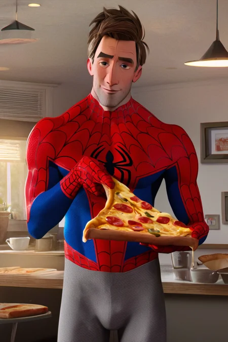 score_9, score_8_up, score_7_up, peterbparker, spideysuit, 1boy, solo, male focus, mature male, short hair, brown hair, brown eyes, thick eyebrows, facial hair, stubble, superhero, spider web print, red bodysuit, blue bodysuit, multicolored clothes, looking at viewer, smile, standing, cowboy shot, food, holding pizza, pizza slice, grey pants, indoors, cafe <lora:Spider-Man (Peter B. Parker) v1.1 HQ LoRA_Pony XL v6:0.8>
