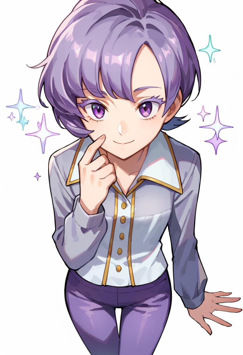 score_9,score_8_up,score_7_up,score_6_up,score_5_up,score_4_up, 1girl, anabel, buttons, closed mouth, colored eyelashes, cowboy shot, eyelashes, grey shirt, hand up, long sleeves, pants, purple hair, purple pants, shirt, short hair, smile, solo, sparkle, white background, light suit, from above,look up, anime screencap,