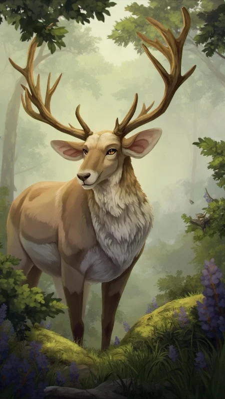<lora:ck-LttleGhost-000011.safetensors:1> in the style of ck-lttlegh0stA majestic reindeer, its fur meticulously textured and rendered in soft, warm colors, stands regally amidst lush verdant flora and delicate purple wildflowers in an enchanting forest setting. The subtle interplay of light on the antlers creates a sense of refined elegance, while the misty background conjures an otherworldly ambiance.