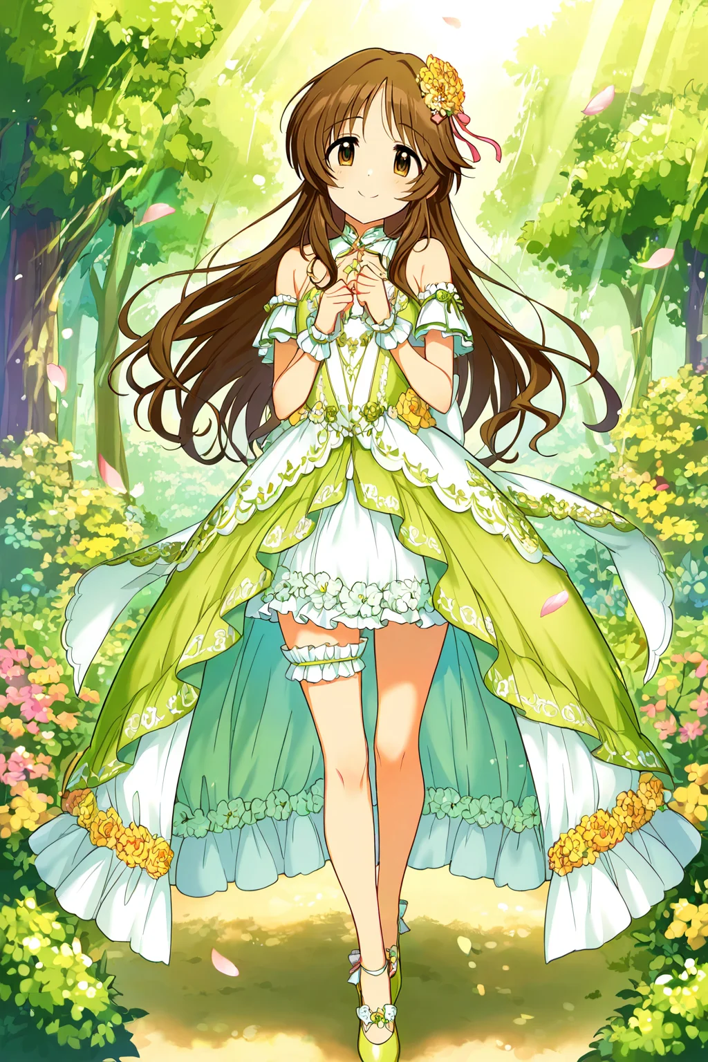 masterpiece,best quality,very aesthetic,absurdres,highres,newest,official art,official style,
1girl,solo,
takamori aiko,brown eyes,brown hair,long hair,
bare shoulders,detached sleeves,dress,frilled thigh strap,green dress,hair flower,hair ornament,hair ribbon,short sleeves,sleeveless,sleeveless dress,two-tone dress,white dress,wrist cuffs,
<lora:eye_focus:1>,eye_focus,
flower,tree,outdoors,petals,
smile,standing,full body,
<lora:idolmaster_takamori_aiko_ill_v1.0:1>,