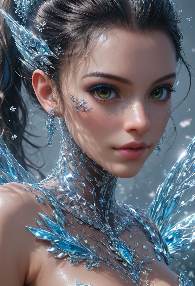 minimalism realistic photography, cyberpunk, sci-fi, close-up of a young and beautiful fairy girl, ride on huge dragon, ice dragons, blue dragon, strapless, 
 rainbow color wing, shiny suit, realistic facial feature, surrounded by snowflakes and drizzle, with the cyberpunk city in the background, Bold epic color palette with strong contrasts,, score_9, score_8_up, score_7_up