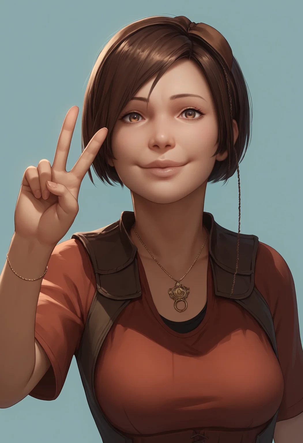 score_9, score_8_up, score_7_up, score_6_up, score_5_up, score_4_up, 1girl, <lora:LeahD3:0.85>, solo, breasts, brown hair, short hair, lips, brown eyes, shirt, red shirt, necklace, upper body, smile, looking at viewer, v sign,
(light blue background), simple background,