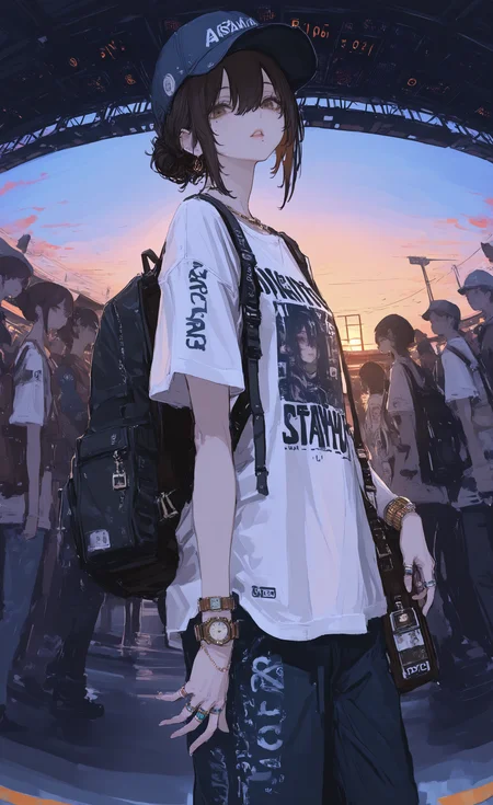 masterpiece,best quality,amazing quality, 1girl, solo focus, short hair, brown hair, black hair, hair between eyes, hat, jewelry, brown eyes, standing, white shirt, short sleeves, outdoors, parted lips, shorts, pants, hair bun, mole, bag, bracelet, ring, backpack, t-shirt, blue headwear, clothes writing, watch, sunset, shoulder bag, wristwatch, print shirt, multiple rings, evening, people, train station,
looking at viewer, Automatic elevator,From Below,fisheye, (asami-chan:1.2), solipsist, :1.25), <lora:illustriousXL_stabilizer_v1.23:0.3> <lora:NOOB_vp1_detailer_by_volnovik_v1:0.3> <lora:ponyv6_noobE11_2_adamW-000017:0.3> <lora:mon_monmon2133:0.6> <lora:r17329_illuu:0.55> <lora:XXX667:0.7>