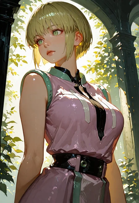 1girl, genderswap \(mtf\), genderswap, solo,
1girl, solo, female focus, shalnark_ryuseih, blonde hair, green eyes, short hair, bangs, medium breasts,
masterpiece, best quality, amazing quality,
shalnark_ryuseih, shalnark ryuseih,
<lora:Detailer_NoobAI_Incrs_v1:0.75>, masterwork, masterpiece, best quality, dynamic lighting , dynamic pose,, dynamic angle, , , (lineless:1.2), detailed, depth of field, dynamic lighting, blurry, (cheekbones:0.85), (realistic:1.2)
adult, aged up,, ultra-HD, cinematic lighting, photorealistic, (impressionism:1.5), high detail ,masterpiece, best quality, very aesthetic, 8k, perfect eyes
