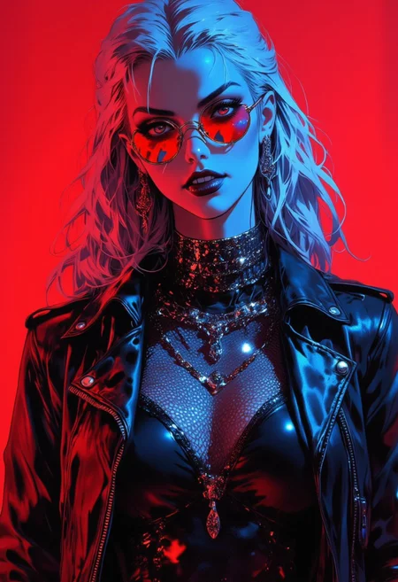 petite, human vampire, fangs, mesh dress, leather jacket, vampire fangs, long wavy blonde hair, round red mirrored sunglasses, evil, seductive, punk, powerful, night time, darkness, dim light, choker, dark make up, beautiful face, simple background, red background, noir style high contrast two color lighting, neon red directional light, blue contrast light, <lora:FluxF4ngs:0.6> fangs, evil grin