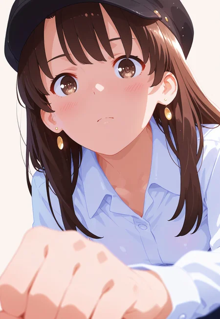 blushing, asian girl, small head, pretty girl, korean girl,
,Dynamic angle, Dynamic pose, realistic, Nswf, portrait,
zPDXL3, detailxl, Score_PnyReal, (lineless:1.5) ,
8K, best quality,masterpiece,amazing quality,ultra-detailed,delicate illustration, best shadows, very detailed, scenery, depth of field, volumetric, cinematic perspective, hyper-realistic, masterpiece, best quality, amazing quality, highly detailed, very aesthetic, newest , half close-up, sexy pose
, simple background, , facing viewer, looking at viewer, leaning forward, close-up, from above, upturned eyes, close-up,portrait, Colorful themes,High Saturation, no lineart,no outline,,
1girl, m3gum1kat0, bangs, brown hair,pupils,brown eyes, collared shirt, earrings, hat, long hair, looking at viewer, portrait, shirt, solo, white shirt, medium breasts